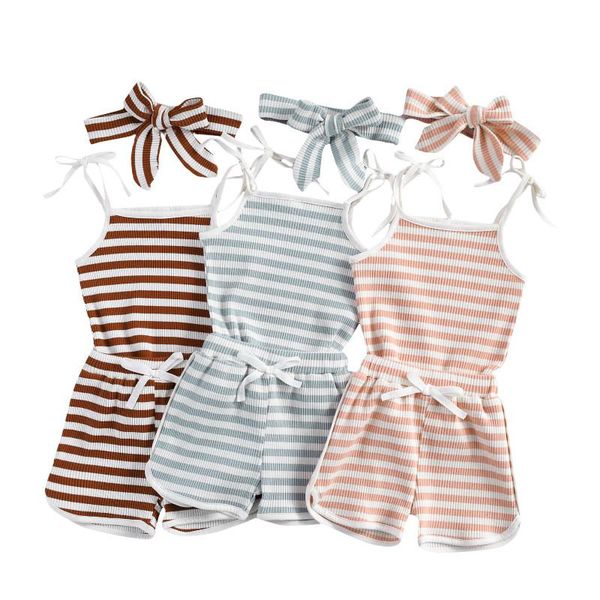 

clothing sets baby summer girls boys ribbed striped clothes set vest sleeveless shirt shorts headband 3pcs, White