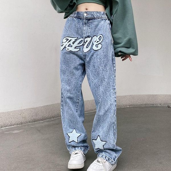 

men's pants star pattern letters embroidered blue flare jeans and women's hip hop streetwear retro denim wide leg long casual trou, Black