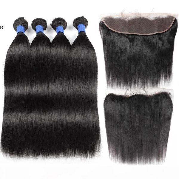 

10a brazilian straight human hair extensions with lace frontal virgin hair weave 4bundles virgin human hair bundles with closure wholesale, Black