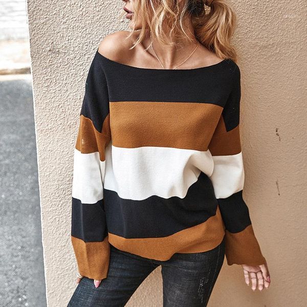 

women's sweaters striped solid color knitted autumn loose o-neck long sleeve pullover for female winter warm casual sweater tee, White;black