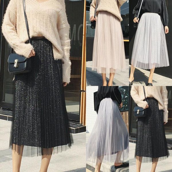 

skirts fashion ladies women summer bright thread pleated voile ol waist mid-calf swing elegant skirt, Black