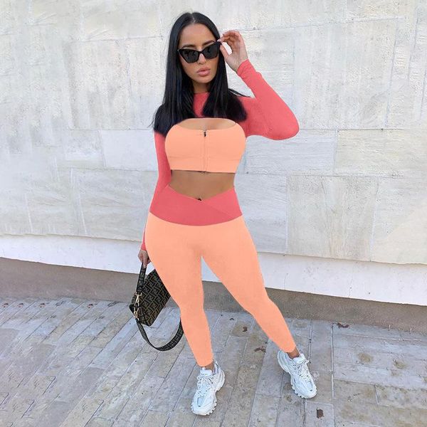 

women's two piece pants color block stitching sports suits for women long sleeve hollow out front crop and high waist yoga legging outf, White