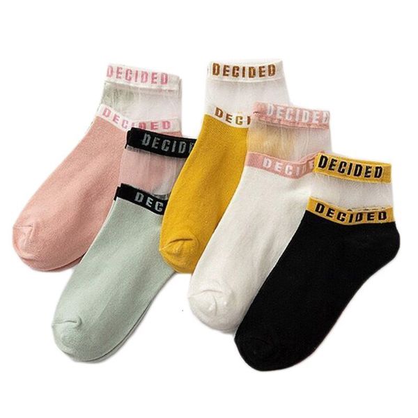 

sale5 pairs on women student summer letters short socks colorblock stripped transparent glass fibre patchwork ultra-dunne kousen, Black;white