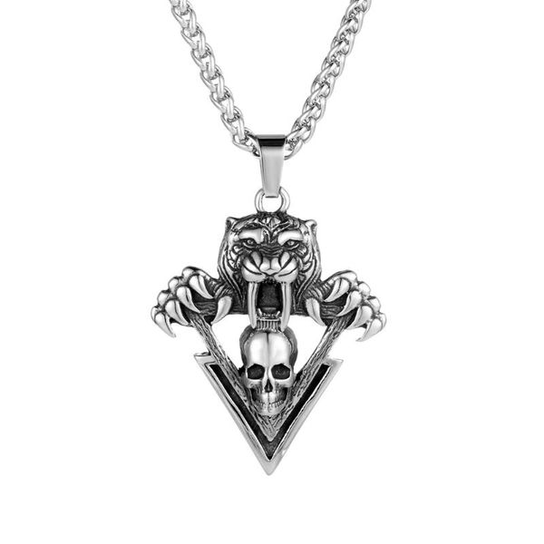 

pendant necklaces punk rock style titanium steel sabre skull necklace, necklace bijoux jewelry gift for men, Silver