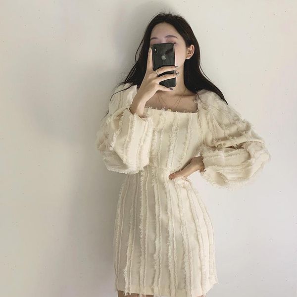 

puff long sleeve fringe dress mini chiffon vestido corto black elegant dresses woman party spring 2021 de festa ropa mujer, Black;gray