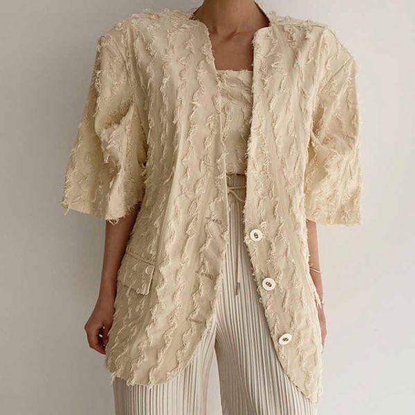 

women's jackets [ewq] simple casual trend women solid color o neck single-breasted loose fashion apricot short-sleeved blazer summer 20, Black;brown