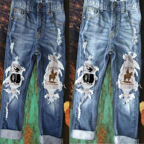 

women's jeans fashion pants ripped denim slim stretch hip-hop long summer retro trousers printed, Blue