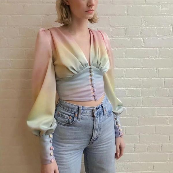 

women v-link colorful button lantern sleeve blouse 2021 autumn vintage crop high waist streetwear female print blouse1, White