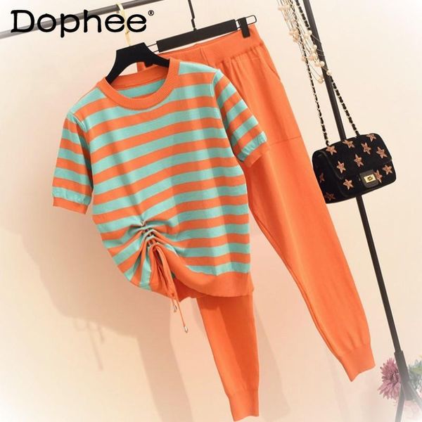 

women's two piece pants knitted suit women casual fashion striped stitching drawstring short-sleeved knit tshirt+loose harem two-piece, White