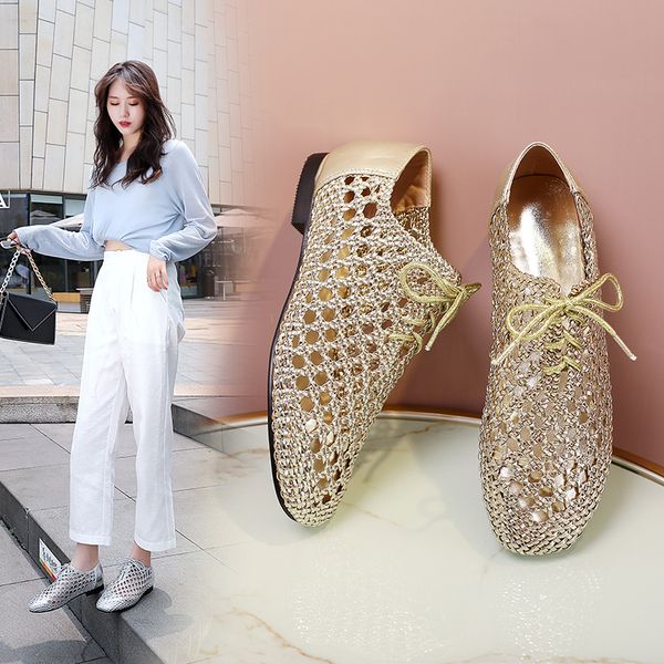 

2021 New Spring Summer Casual Shoes for Woman Flat Soft Bottom Casual Shoes Breathable Mesh Shoes Woman Fashion Braided, Gold
