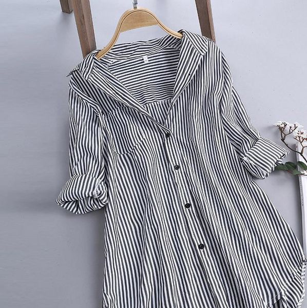 

women stripe long sleeve blouse hooded button loose shirts 2021 camicia donna woman lady button blouse feminina t2g, White