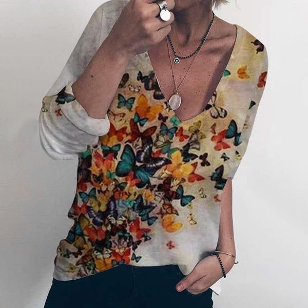 

woman tshirts casual v-neck long-sleeved 3d new fashion animal print t-shirt women 2021 harajuku autumn t shirts, White