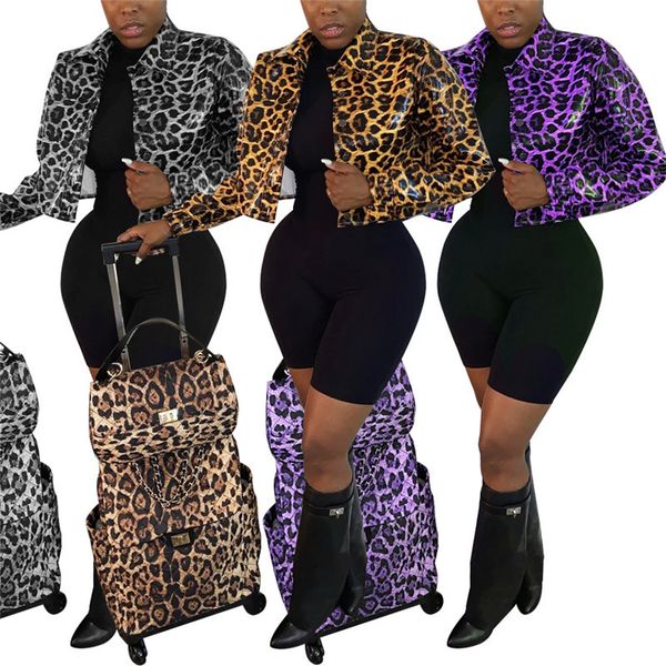 

2021 new pu jacket for women leopard faux leather long sleeve coat casual button up streetwear street wholesale dropshpping p5, Black;brown