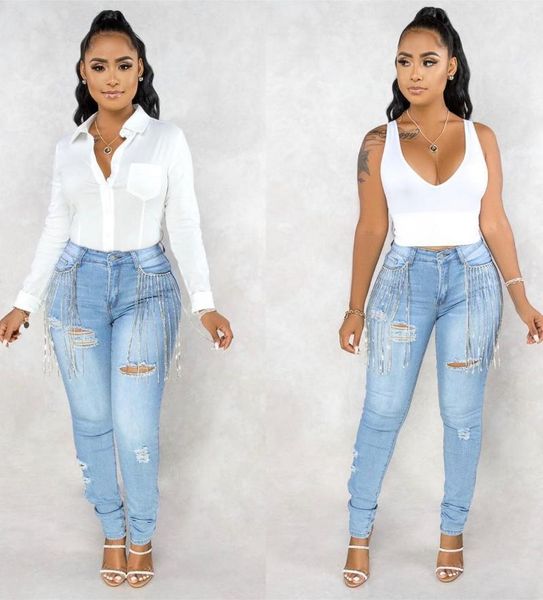 

women's jeans arrival ripped stretch fashion metal tassel high waist skinny denim pencil pants s-2xl drop, Blue