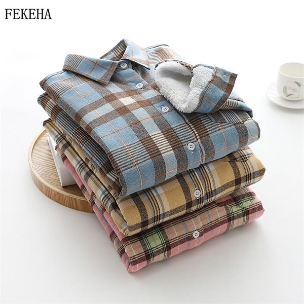 Winter Warme Blusen Damen Samt Dicke Plaid Shirts Langarm Dame Tops College Stil Casual Oberbekleidung Weibliche Kleidung 210225