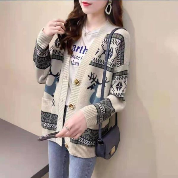 

women's luxury jacket national fawn sweater coat women's autumn 2021 loose outer wear lazy style knitted cardigan, Black;brown