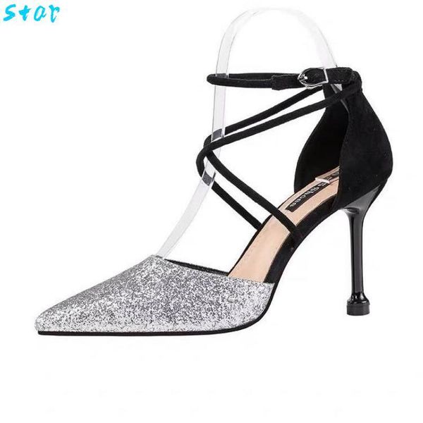 

sandals women's high heels pointed toe stiletto single shoes talon femme sequined ladies hollow cross strap women, Black