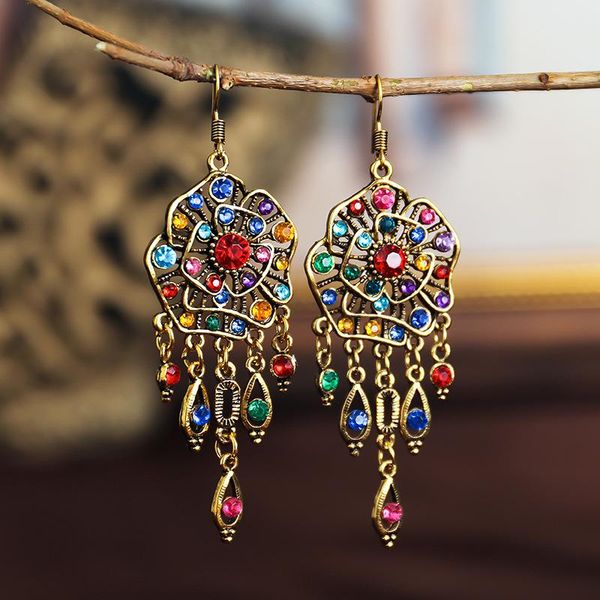

dangle & chandelier bohemia flower shaped hollow rhinestone earrings for women ethnic retro geometric long drop femme personality jewelry, Silver