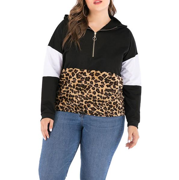 

women's hoodies & sweatshirts women zipper leopard print sweatshirt long sleeve hoody ladies color block casual harajuku pullovers, Black