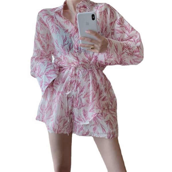

women's tracksuits chiffon shirt women two piece sets fashion print sunscreen + short thin holiday 2 retro loose, Gray
