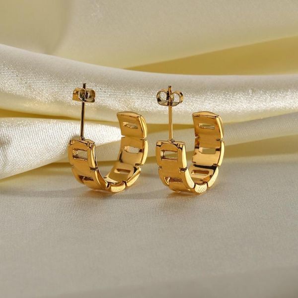 

hoop & huggie d 316 stainless steel chain earrings luxury rectangle c shape gold plated for women, Golden;silver