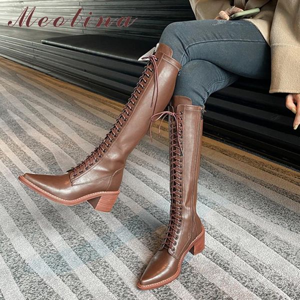 

boots meotina genuine leather women pointed toe knee high lace up thick heel zipper lady footwear autumn winter white, Black
