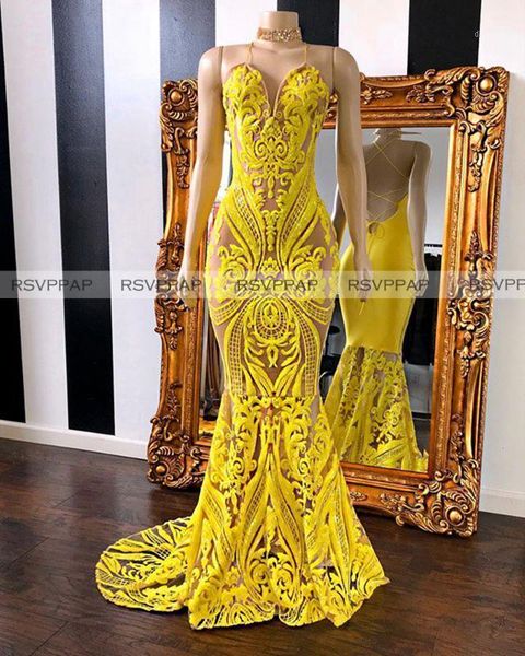 

yellow sequin long prom dresses 2021 mermaid halter sleeveless african black girls party dress for women1, White;black
