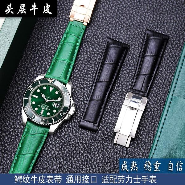 

watch bands leather strap fits rox black and green water ghost 116655 folding buckle style 20mm, Black;brown