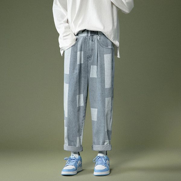 

2021 new spring summer plaid men's fashion retro casual drawstring jeans men streetwear hip-hop straight denim trousers mens nod7, Blue