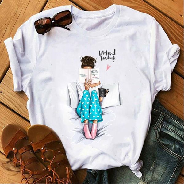 

girl reading book womens 2021 new fashion print t shirts clothes summer o neck t shirts casual aesthetic harajuku shirt tshirts, White