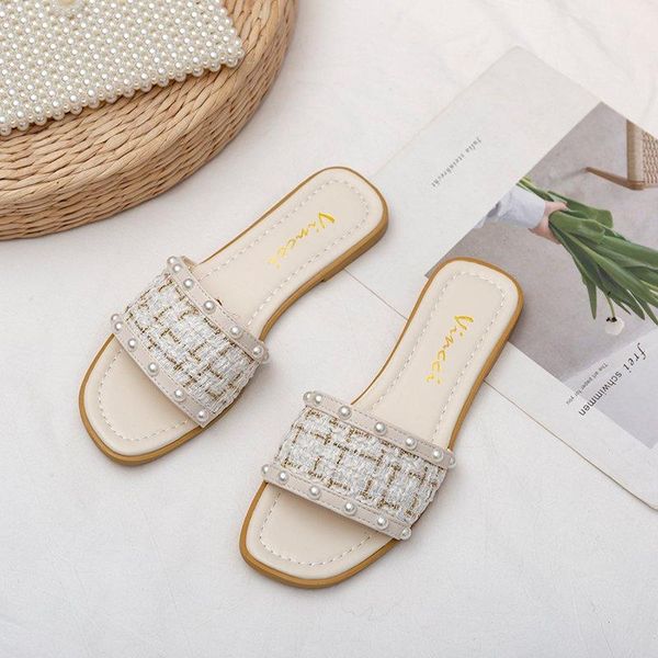 

slippers women flat 2021 summer fashion weave plaid sandals elegant string bead square toe outdoor casual shoes, Black
