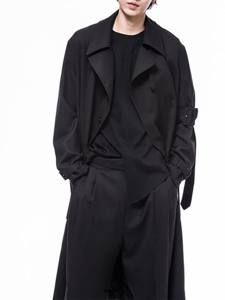 

men's trench coats homemade windbreaker loose dark black middle long style ribbon spring ., Tan;black