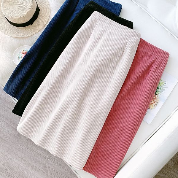 

spring new 2021 high waist pure color corduroy stright knitted thick midi women casual skirt faldas jupe femme saia ql07, Black