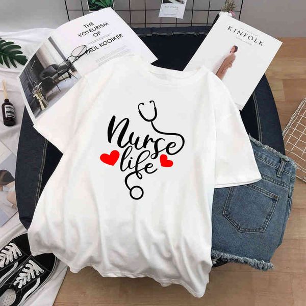 

women's wear, printed with the words of nurse life, neck large t-shirt, profsional gift, 2020, White