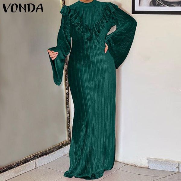 

casual dresses women long sleeve elegant dress 2021 vonda autumn flare sleeves ruffled maxi loose sundress pleated vestido robe, Black;gray