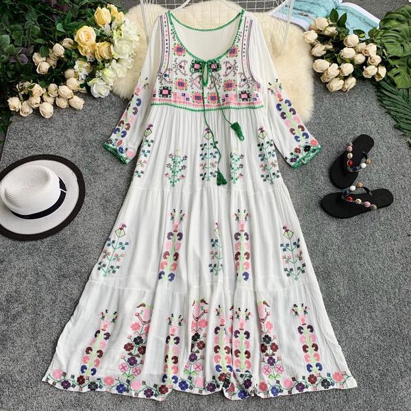 

casual dresses bohemian holiday dress indie folk embroidery flower o-neck loose belt lace up beach style women long, Black;gray