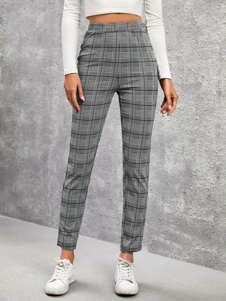 

plaid print split hem skinny pants k9ix#, Black;white