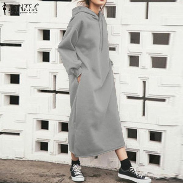 

plus size fashion solid hoodies dress women's spring sweatshirts zanzea 2021 casual long sleeve pullovers female hooded robe 5xl, Black;gray