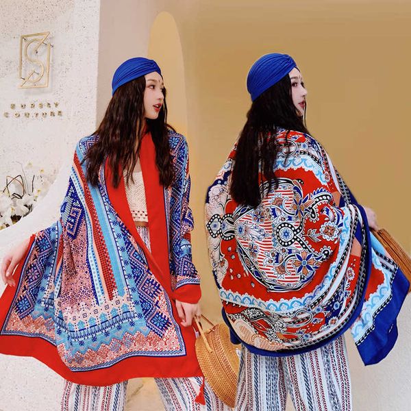 

night market cotton hemp ethnic style sunscreen shawl long silk scarf female nepale scarf shawl seaside beach towel, Blue;gray