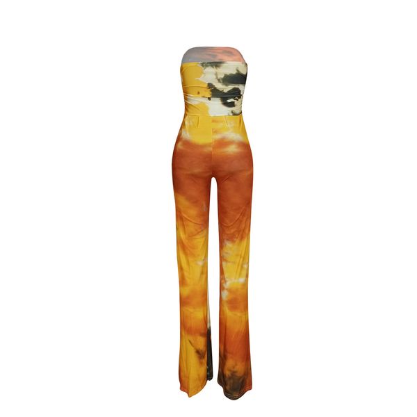 

tie dye print women jumpsuits strapless straight rompers club party outfits 2020 summer wide leg pants playsuits, White