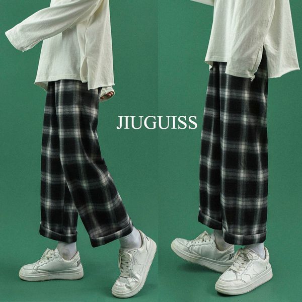 

2021 new winter thick plaid men's warm fashion retro casual men streetwear loose hip-hop straight wide-leg pants mens s-xl erru, Black