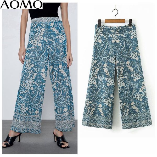 

women's pants & capris aomo fashion women vintage print wide leg trousers 2021 lady beach pantalon 3z76a, Black;white