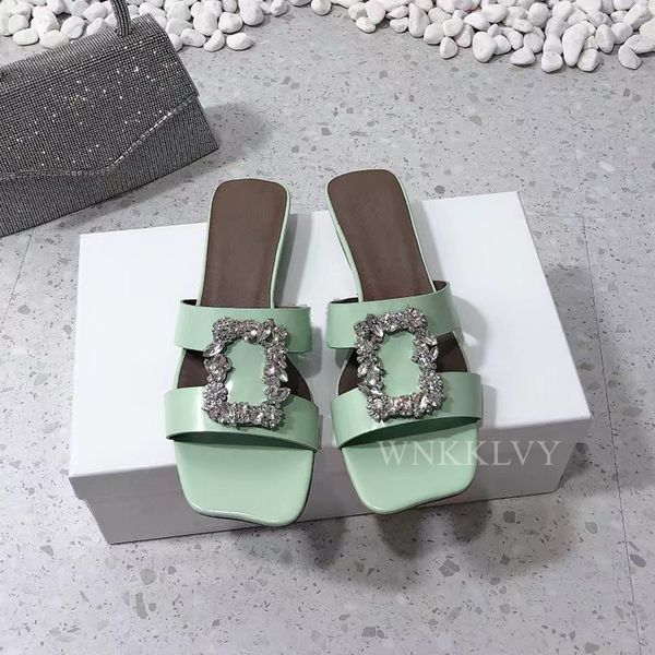 

80% off shoes woman comfortable flipflops summer crystal buckled decor slippers genuine leather flat heel square toe lazy loafers, Black