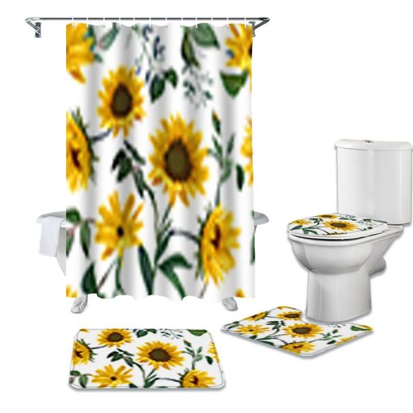 

yellow sunflower white bathroom non-slip mat set durable waterproof shower curtain set rug lid toilet cover bath mat rugs