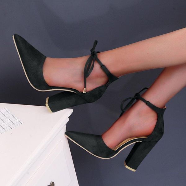 

sandals big size high heels women shoes woman summer ladies suede square head with thick heel tie and bale, Black