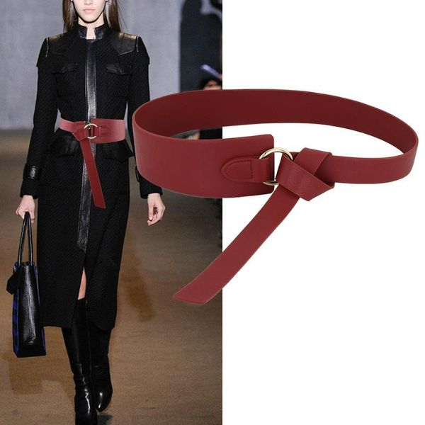

belts 2021trendy wide leather corset belt for women round alloy smooth buckle hip high waist bowknot waistband skirt accessory, Black;brown