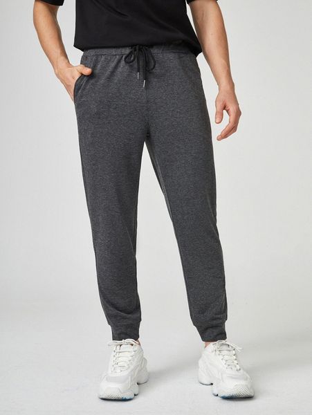 

men drawstring waist slant pocket joggers i8m4#, Black