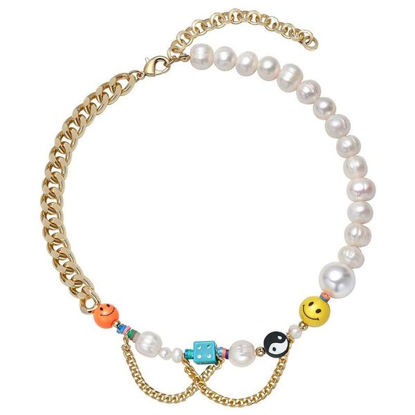 

chains stainless steel chain creative yin yang charm beads baroque pearl gossip yellow orange smile blue dice choker necklaces jewelry, Silver