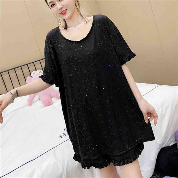 

size 8xl 150kg 2pc set sequins pajama suit female sleepwear women plus size pajama sets short sleeve summer nightwear, Black;red