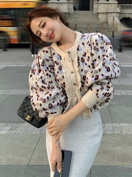 

women's knits & tees casual korean sweater round neck lantern long sleeve short fashion cardigan for women autumn 2021, White